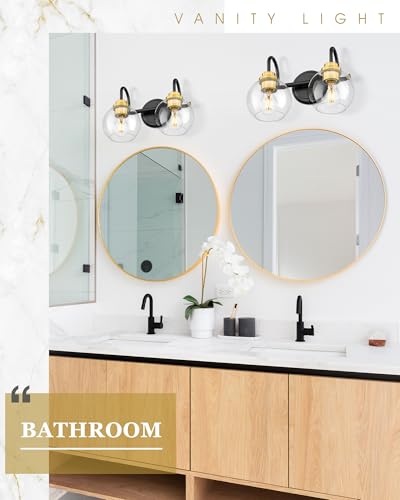 Image of Bathroom Light Fixtures, 2-Light Black and Gold Vanity Lights with Globe Clear Glass, Modern Vanity Lighting Fixtures Over Mirror, AD-22280-2W-KG