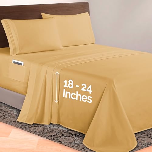 Image of Elegant Comfort Luxurious 1500 Premium Hotel Quality Microfiber 4-Piece Sheet Set, 18-24 Inches Deep - Extra Deep Pocket Sheets - Ultra Soft 4PC Deep Pocket Sheets, Full, Camel-Gold
