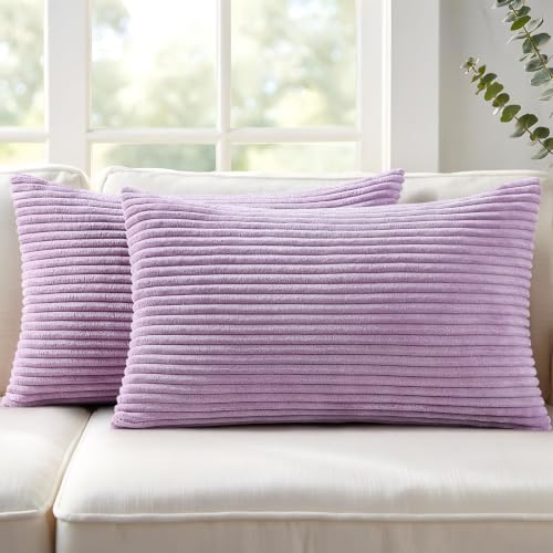 Image of Mecatny Corduroy Decorative Throw Pillow Covers 12x20 Set of 2 for Sofa Living Room, Soft Neutral Boho Couch Pillow Covers for Home Decor, Lilac