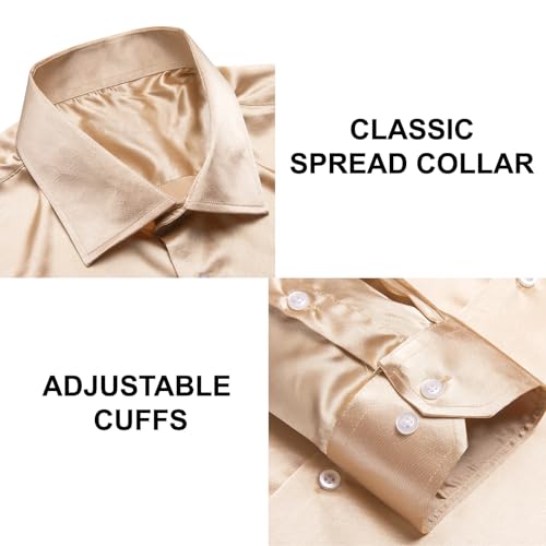 Image of Hi-Tie Men's Silk Satin Dress Shirts Long Sleeve Shiny Casual Button Up Shirts Luxury Party Disco Prom Wedding Shirt