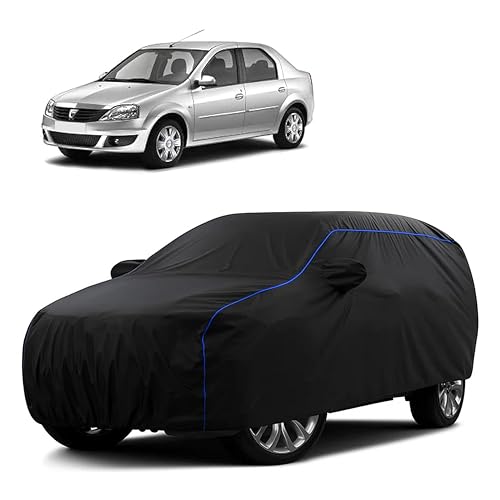 Image of Sulfar 100% Water Resistant Car Body Cover Compatible with Mirror for Renault Logan Edge (Triple Stitched, Full Bottom Elastic, Black Tafetta with Blue Piping)