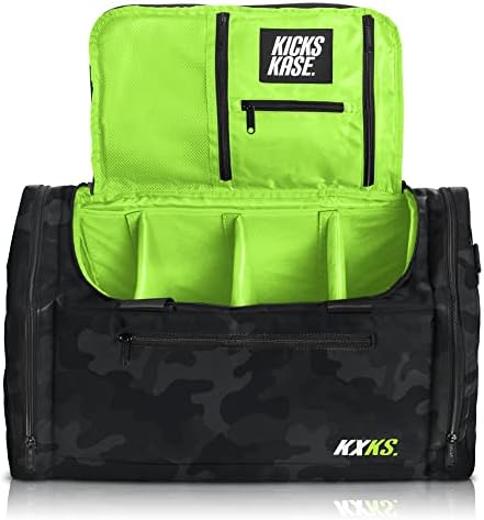 KXKS. (Kicks Kase) Camo Premium Sneaker Bag & Travel Duffel Bag - 3 adjustable compartment dividers - For shoes, clothing and gym (Black Camo/Acid Green) 1 KXKS. (Kicks Kase) Camo Premium Sneaker Bag & Travel Duffel Bag - 3 adjustable compartment dividers - For shoes, clothing and gym (Black Camo/Acid Green)