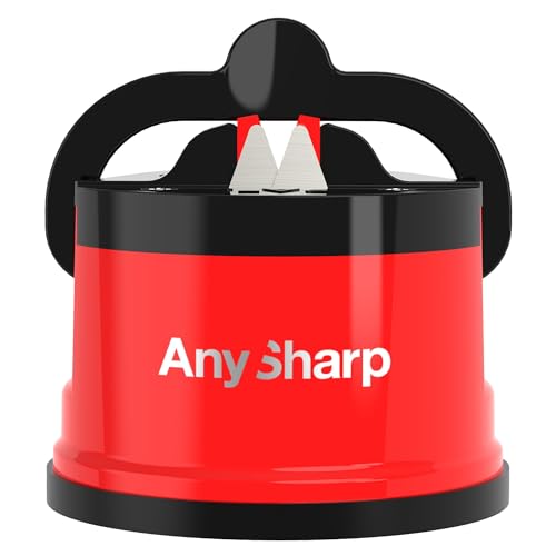 AnySharp Afilador de Cuchillos, Seguridad sin Manos, Ventosa, Afila con Seguridad Todos los Cuchillos de Cocina, Ideal para Acero Endurecido y Dentados, El Mejor del Mundo, Compacto, Rojo