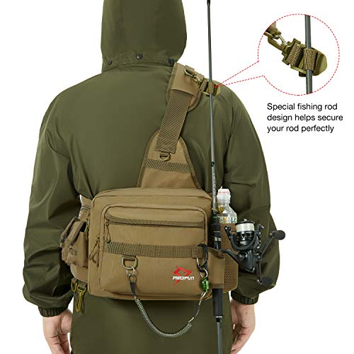 Piscifun Fishing Tackle Bag, Sling Fishing Storage Pack With Rod Holder, Water-Resistant Cross Body Sling Bag With D-Rings And Waist Strap, Khaki #TOP5