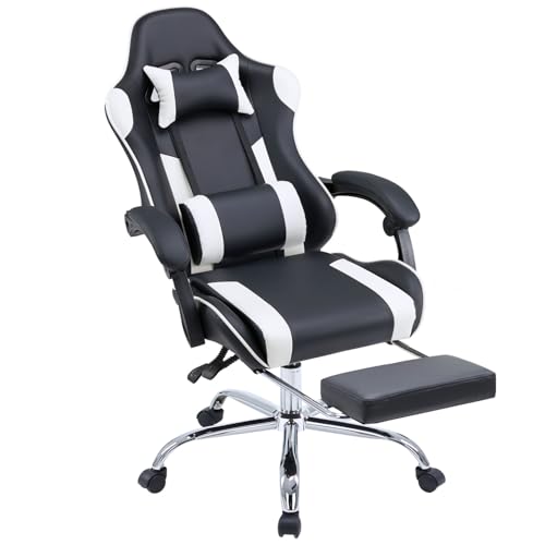 DUMOS Ergonomic Gaming Desk Chair - PU Leather Recliner with Footrest, Lumbar Support, Headrest, Fixed Armrests, Height Adjustable, 360° Swivel, White, for Adults