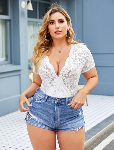 Image of Avidlove Women Lace Bodysuit Lingerie Tops Sexy Deep V Bodysuit Tops One Piece Body Suit Short Sleeve S-XXXL