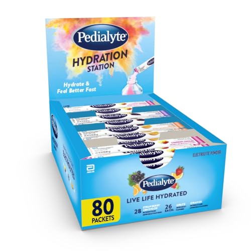 Image of Pedialyte Electrolyte Powder Packets | Hydration Drink for Kids & Adults | Hydration Station Variety Pack: Grape, Strawberry Lemonade, and Orange, 80 Powder Packets