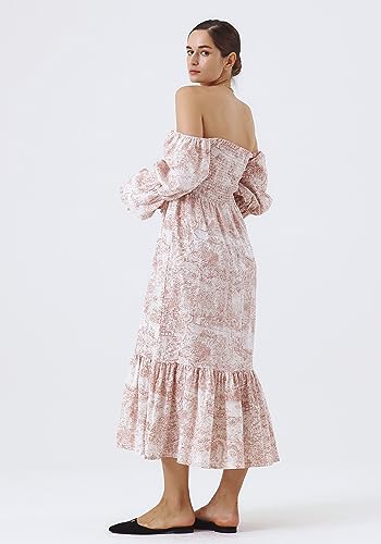 Image of NOTHING FITS BUT Women Linen Cotton Dress, Floral Pattern Yuki Gown, Women Casual Dress, Off Shoulder Frock