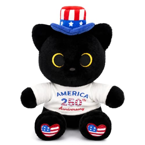 MUFEIRUO Black Cat Plush 4th of July Stuffed Animal, Patriotic Cat Plush Toy with USA Hat & T-Shirt, Independence Day Decorations, Memorial Day Gift, America 250th Birthday Party Decor for Kids Girls