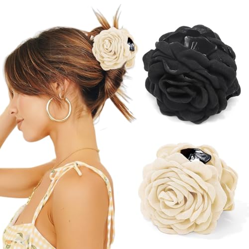 Image of PALAY 2Pcs Rose Hair Claw Clips for Women Large 3.5 In Flower Claw Clip Hawaiian Fashion Blooming Rose Claw Clips Aesthetic Hair Clip - Black & White