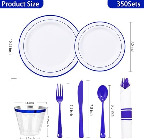 WELLIFE 350 Pcs Blue Plastic Plates for 50 Guests - Plastic Dinnerware Set,Party Supplies Includes 100 blue plates,150 Silverware,50 Napkins,50 Cups,Blue and White Plates