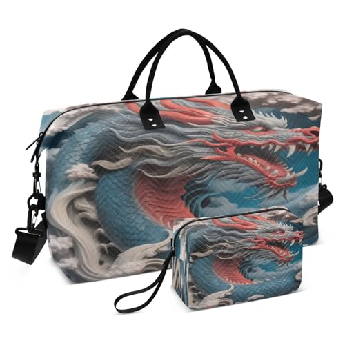 Grey Cloud Dragon Travel Duffel Bag Large Capacity Weekender Bag with Toiletry Bag Detachable Shoulder Strap Travel Tote Bag for Women