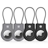 AirTag Keychain Holder - (4 Pack) Airtag Lock Case with Wire Cable Compatible with Apple AirTags,Ultra Durable Anti-Lost Protective Case with Keyring for Luggage, Key, Backpack, Pet, Bag Black/Grey