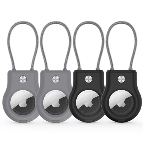 AirTag Keychain Holder - (4 Pack) Airtag Lock Case with Wire Cable Compatible with Apple AirTags,Ultra Durable Anti-Lost Protective Case with Keyring for Luggage, Key, Backpack, Pet, Bag Black/Grey