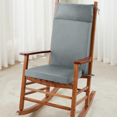 WEOAVRY Waterproof Memory Foam Rocking Chair Cushion Outdoor, Jumbo Wooden Rocking Chair Pads, Non-Slip Large Glider Rocker Replacement Cushions Set of 2 with Ties & Pillow Grey
