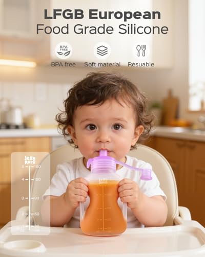 Image of Silicone Reusable Baby Food Pouches with Straws, 4 Pack Leakproof Refillable Squeeze Pouches, Dishwasher, Freezer, Microwave Safe, 5OZ Baby Food Storage for Homemade Puree, Yogurt