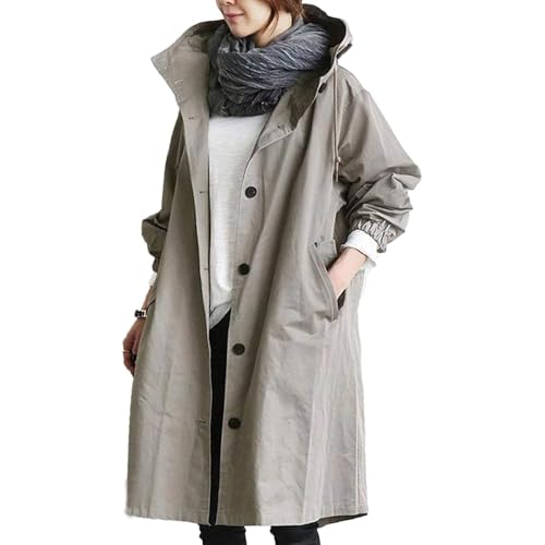 Women's Hooded Windbreaker Solid Fall Casual Vintage Long Sleeve Loose Coat Midi Length Jacket With Pocket