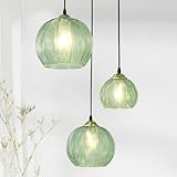TESTOYS 3-Light Glass Globe Pendant Light Kitchen Island, Mid-Century Modern Pendant Ball Chandelier with Green Ribbed, Vintage Hanging Ceiling Light Fixture for Dining Room, Over Sink, Table