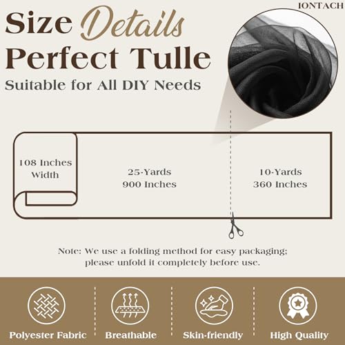Image of Black Tulle Fabric 108 inch x 10 Yards for Wedding Pew Bows Garden Netting Plant Cover Gift Wrapping Ceiling Draping Baby Shower Birthday Party Reception DIY Craft Supplies