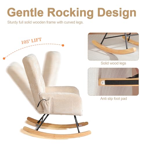 Image of Rocking Chair Nursery with Airbag, Comfy Modern Nursery Rocking Reading Chair Indoor, Cozy Upholstered Glider Rocker Chairs for Living Room Bedroom Offices, (Chenille, Beige)