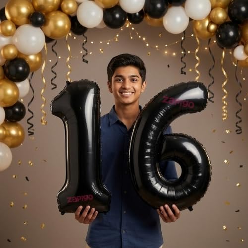 Image of Balloonistics Black 40-Inch Foil Number 16 Balloon - Helium or Air Fill for 16th Birthday, Anniversary Party Decoration, Photo Booth Backdrop, Cake Table Decor