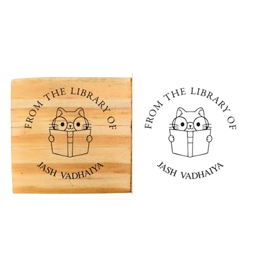 Image of Kunya Personalised Book Stamp with Your Name(3.5 cm Dia), customised for Stamping Books for Readers, Great Gift for booklovers, Kids, Teachers (Smart Cat)