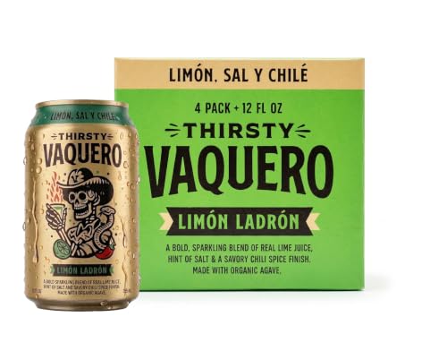 Image of Thirsty Vaquero, Lime, Salt & Chile Flavored soda (Limon Ladron), Mexican-inspired soda, Real Fruit Juice & Savory Spices, Made with Organic Agave, Low Calorie, Natural Juice, 12 oz Cans, 4-Pack