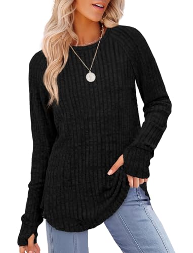 Saloogoe Women's Long Sleeve Top Crewneck Basic Lightweight Fall Shirt with Thumb Hole