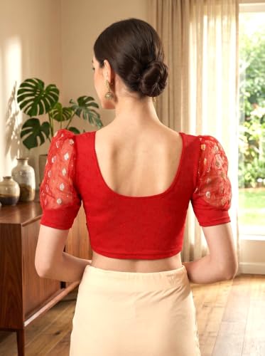 Image of SFT Women's Cotton Lycra Blend Readymade Saree Blouse with Round Neck Half Sleeves Solid Pattern Knit Weave Regular Fit and Pull On Closure