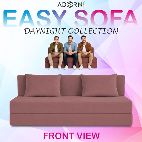 Image of Adorn India Easy 3 Seater Sofa Cum Bed | Velvet Fabric | Pink | Plain Design | 6x5 Ft | Comfortable Seating | Washable Cover | Perfect for Home & Office