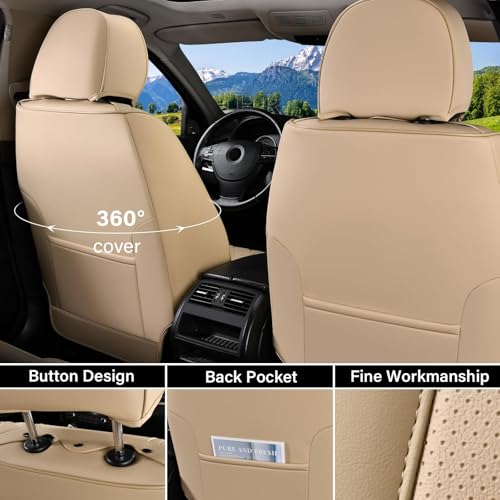 Image of Coverado Seat Covers, Car Seat Covers Front Seats, Beige Nappa Leather Car Seat Covers, 2 Pack Waterproof Front Seat Covers, Breathable Leather Seat Cushion Universal Fit Most Cars Trucks