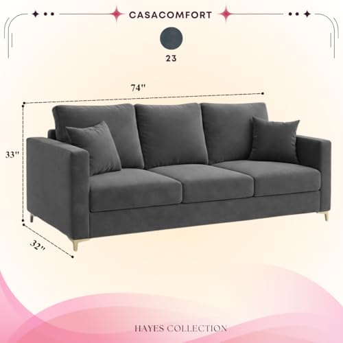 Image of Hayes Rich Velvet Suede 3 Seater Sofa | Golden Aesthetic Legs | Spacious Soft Touch Comfort Seating | Modern Luxe Sofa for Living Room (Dark Gray)