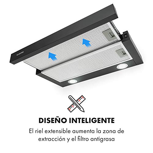 Klarstein-Viola-Campana-extractora-2-potencias-EEC-A-200-W-Extraccion-max-612-mh-Funcion-extensible-Interruptores-Luces-LED-Filtro-grasa-Valvulas-antirretorno-Acero-inoxidable-Negro