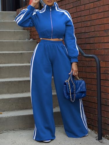 Akmipoem Sweatsuits Women 2 Piece Outfit Striped Tracksuit Long Sleeve Zipper Cropped Jackets Wide Leg Sweatpants Set3
