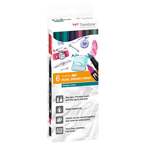 Tombow - ABT Dual Brush | Caja de Cartón con 6 Rotuladores Acuarelables de Doble Punta en Colores Vintage