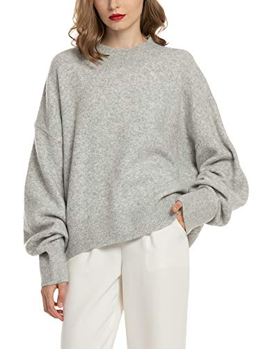 Woolen Bloom Strickpullover Damen Strickpulli Oversize Rundhals Pullover Einfarbig Rippstrick Pulli Langarm Feinstrickpullover Sweater Oberteil Tops-L-Graue Melange Cover