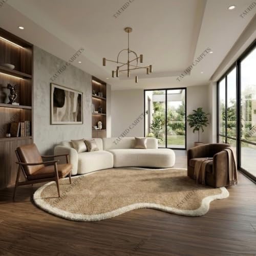 Image of Tauhid Carpet Modern Irregular Shape Shaggy Rug | Super Soft Microfiber Area Carpet for Living Room, Bedroom Designer Cloud Shape MBeige with Ivory Border 6x9 Feet.