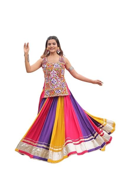 Women's Navratri Chaniya Choli Set with Kutchi Mirror Work | Multicolor Cotton Lehenga Choli for Garba, Dandiya, Navratri Festival & Wear, (S)