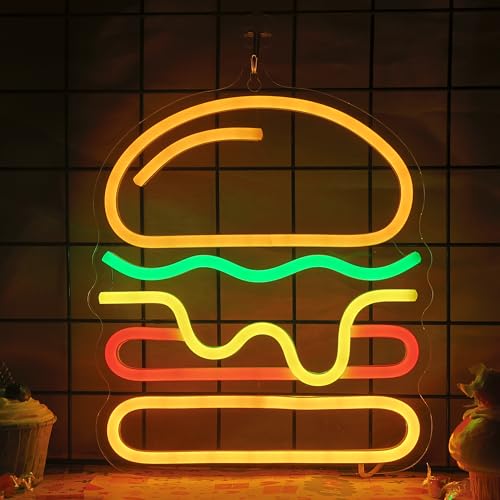 Image of Attivolife Hamburger Neon Sign for Wall Decor, Light up Delicious Food Hamburg LED Lamp with Dim USB Powered, Unique Business Fast Food Shop Restaurant Decoration, Christmas Day Birthday Party