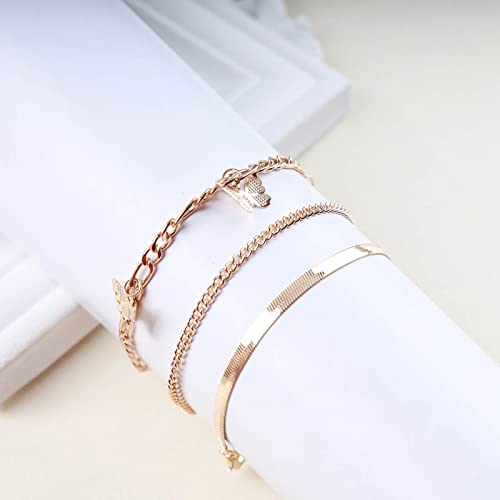 Andelaisi Boho Layered Snake Chain Butterfly Ankle Bracelets Tiny Butterfly Dangle Anklet Gold Herringbone Link Chain Anklet Bracelet Vintage Cuban Chain Foot Chain Summer Beach Anklet4