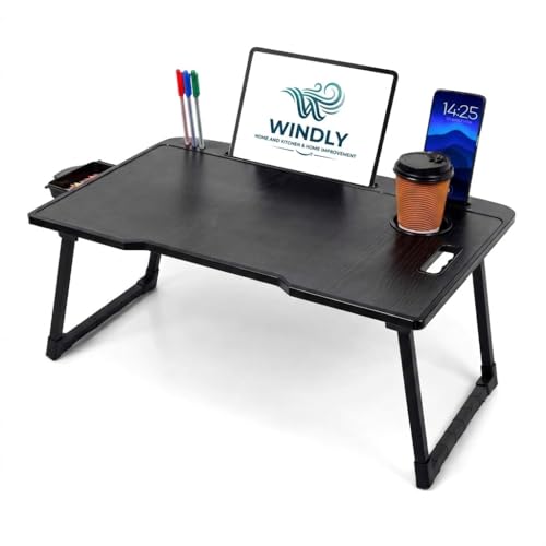 Image of WINDLY Wood Multipurpose Foldable Laptop Table with Cup Holder | Table Home Study Writing Table, Foldable and Portable /Ergonomic Edges Kids & Adults (Black)