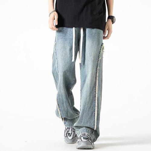 DGHM-JLMY Men's Regular Fit Straight Leg Jeans Retro Fashion Patchwork Jeans Casual Drawstring Elastic Waist Denim Pants2