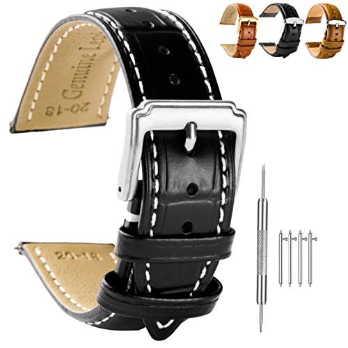 Spolife Bracelet de montre en cuir véritable avec boucle en acier inoxydable pour homme - 16 mm, 18 mm, 19 mm, 20 mm, 22 mm (broches de bracelet de montre, outil de bracelet de montre), Noir , 18mm,