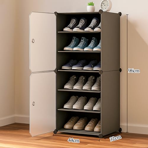 Image of Oumffy Plastic Shoe Rack for Home | ๐ ๐๐๐ฒ๐๐ซ Shoe Organizer Cabinet with ๐ ๐๐จ๐จ๐ซ๐ฌ | Dustproof Shoe Storage Rack for Entryway, Bedroom & Living Room | Space Saving Multipurpose Stand | Grey