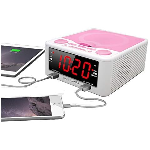 HANNLOMAX HX-300CD Top Loading CD Player, PLL FM Radio, Digital Clock, 1.2" Red LED Display, Dual Alarms, Dual USB Ports for 2.1A and 1A Charging, AC/DC Adaptor Included (White_Pink) Cover