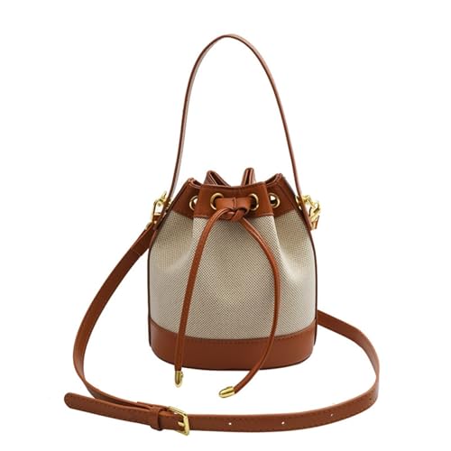 Small Straw Bag Drawstring Bucket Crossbody for Women Canvas Leather Shoulder Bag Bohemian Tote Messenger Purse Totes