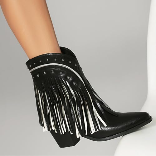 Image of Women's Western Ankle Booties Pointed Toe Cowgirl Boots with Fringe Tassels or Sparkly Rhinestone Fashion Short Boots for Casual Daily Wear