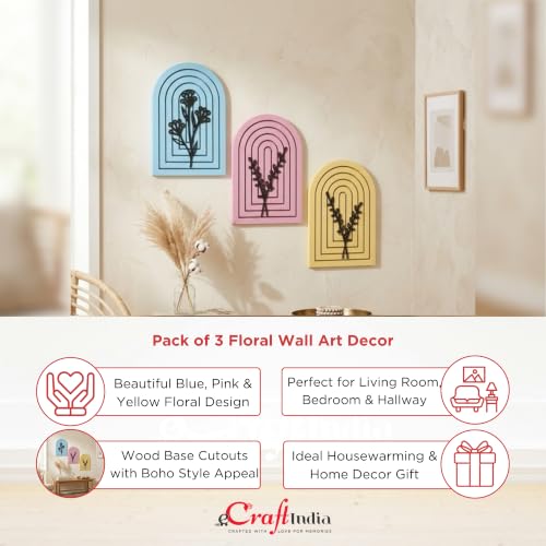 Image of eCraftIndia Pack of 3 Floral Wall Art with Blue Pink Yellow Wood Base Flower Cutouts Boho Decor