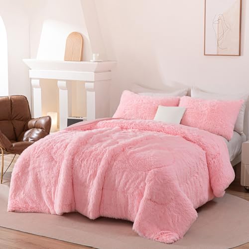 Image of Pink Fluffy Queen Comforter Set - 3 Pieces Faux Fur Fuzzy Bedding Set for Girls, Plush Shaggy Warm Velvet Bed Set with Pillowcases (Pink, Queen)