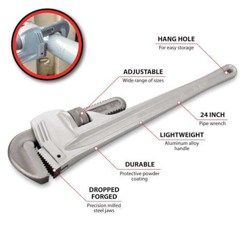Image of Performance Tool W2124 24 in. Aluminum Pipe Wrench | Lightweight aluminum handle. Precision milled drop forged steel jaws. Large plumbing wrench